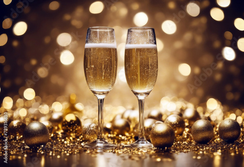 festive cheers concept bokeh champagne sparkling christmas gold glasses particles confetti celebration bright wine golden Night cheer party alcohol celebra