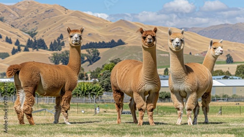 Tranquil alpacas peacefully grazing on lush green pasture in picturesque mountain setting