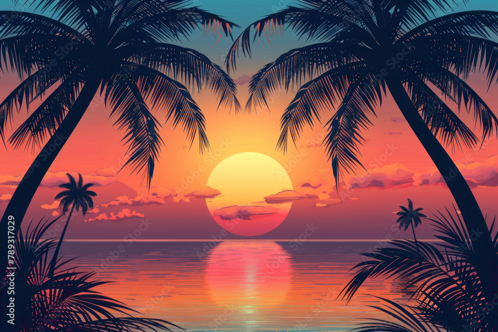 2d flat design panoramic landscape. tropical sunset with palm trees, beach and sea. illustration of summer landscape. design for banner or poster