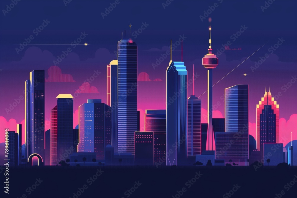 Vibrant illustration of a clean and minimalist city skyline during twilight with glowing stars