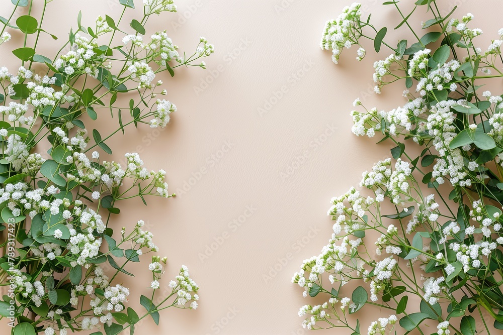 Mockup with natural sprigs of eucalyptus and white gypsophila. Mockup of empty space on beige background Mockup with natural sprigs of eucalyptus and white gypsophila. Mockup of empty space on beige background