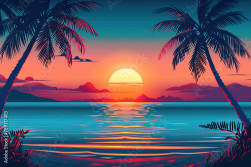 2d flat design panoramic landscape. tropical sunset with palm trees  beach and sea. illustration of summer landscape. design for banner or poster