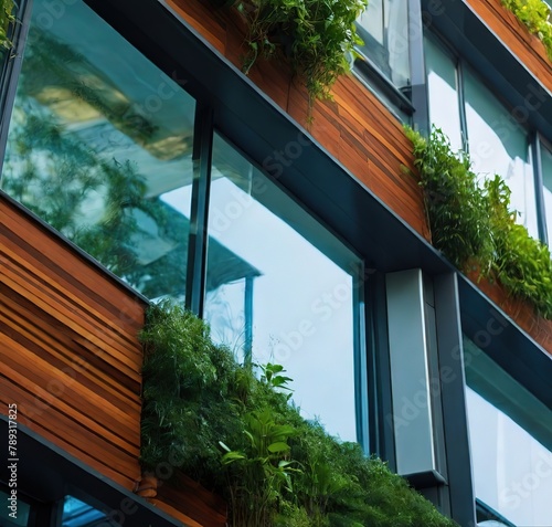 Green architecture, eco-friendly construction, and a sustainable structure with a recycled-material exterior that includes living green walls and water-saving features