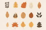 Set of minimalist autumn leaf illustrations in warm, earthy tones