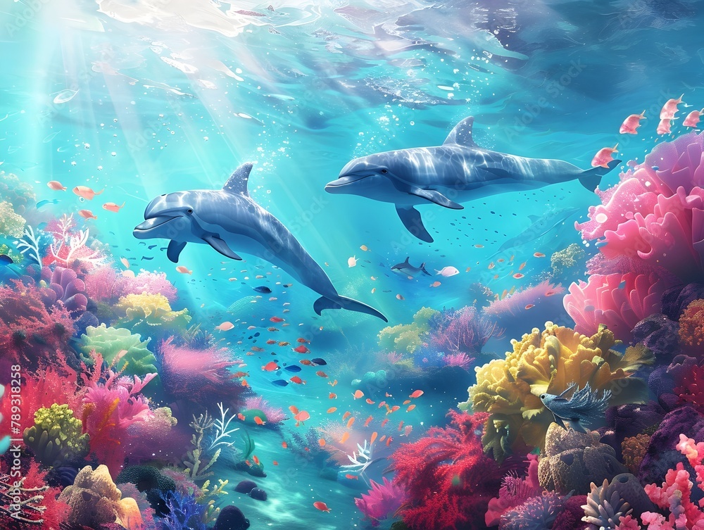 Fototapeta premium Graceful Dolphins Leaping Through a Vibrant Coral Reef in Crystal Clear Sunlit Tropical Waters