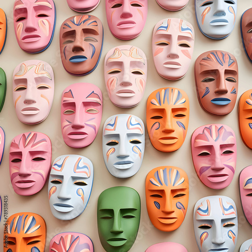 Seamless pattern with masks of different nationalities. 3d illustration