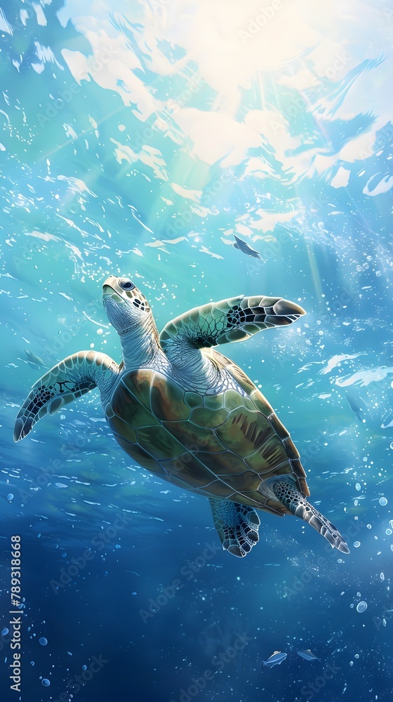 Obraz premium Graceful Sea Turtle Navigating the Serene Ocean Depths
