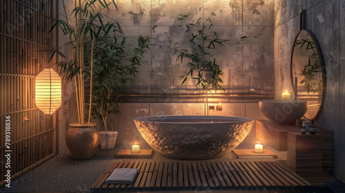 Serene Japanese-inspired bathroom with a handmade ceramic bathtub surrounded by bamboo and plants  wabi sabi interior style
