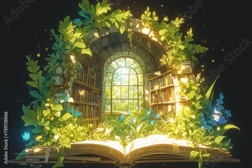 An open book with an enchanted forest inside  lush green leaves and vibrant flowers growing on the pages  magical