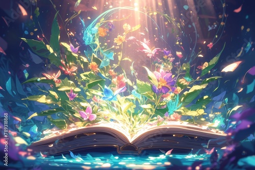 An open book with an enchanted forest inside, lush green leaves and vibrant flowers growing on the pages photo