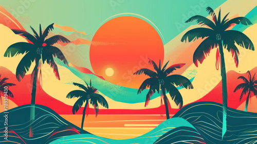 2d flat illustration abstract colorful summer background with beach vibes decorative  palm trees and sun in the sky
