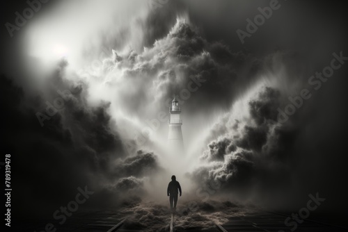 A lighthouse stands tall and steady amidst the swirling fog, casting its guiding light across the lonely sea.The concept of loneliness and hope is depicted through this striking image. photo