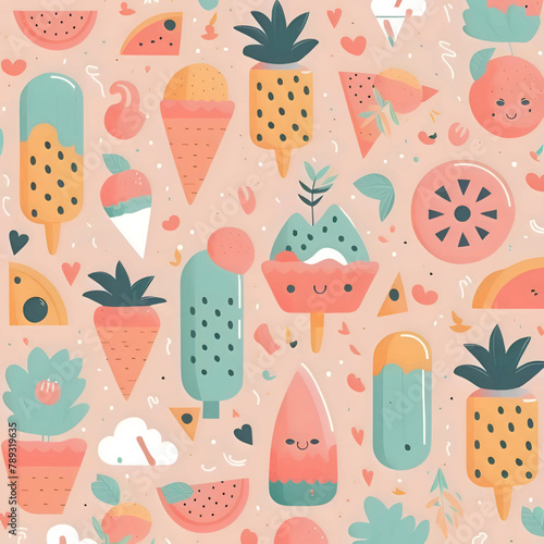 Seamless pattern with ice cream, watermelon, pineapple, strawberry, kiwi. Vector illustration.