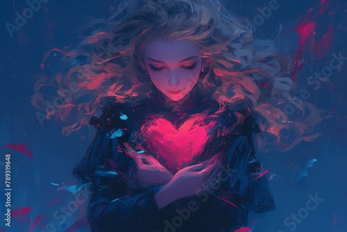 Beautiful woman with curly hair hugging her colorful heart against a dark background, in a dreamy, surrealistic style with soft lighting and fantasy art 