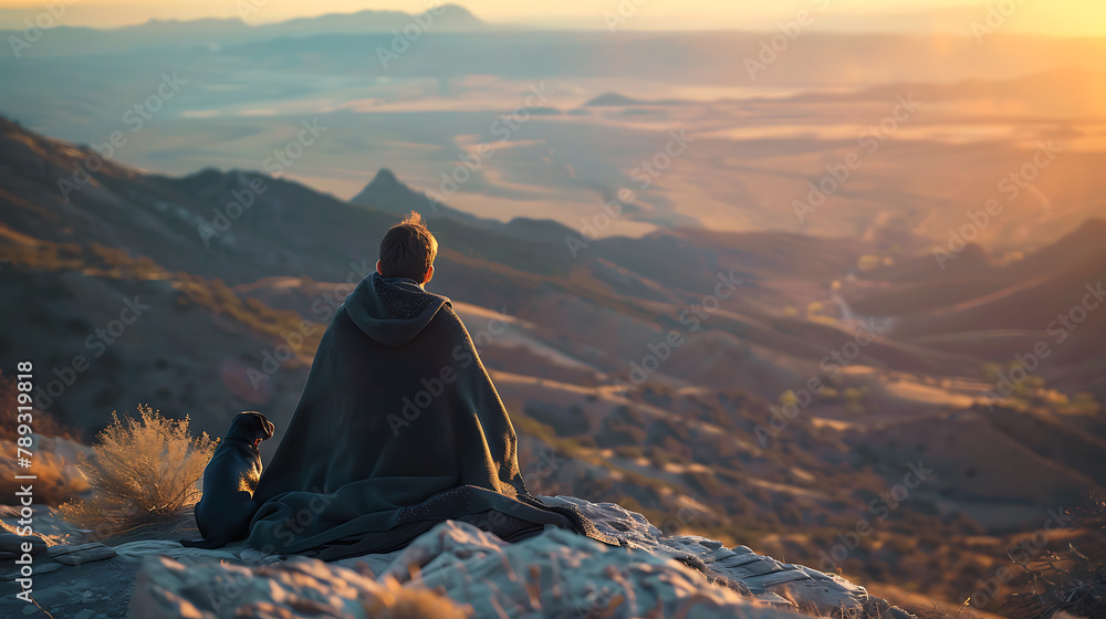 Young man sitting on top of a mountain and looking at the sunrise