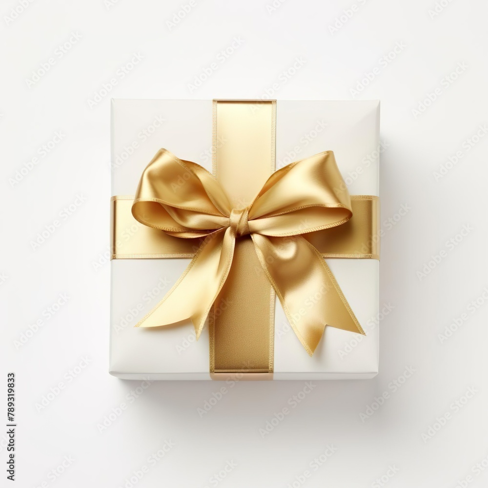 Top view of white gift box with golden ribbon isolated on white. Generative AI Top view of white gift box with golden ribbon isolated on white. Generative AI