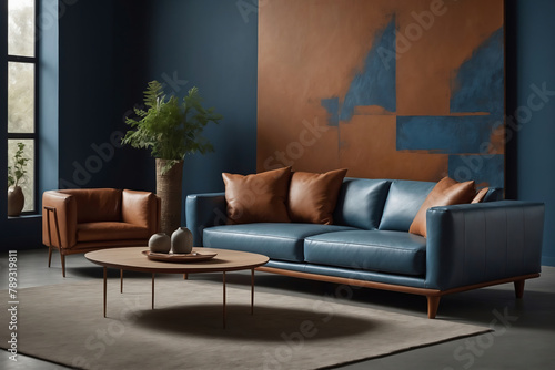 Elegantes Wohnzimmer mit zweifarbigen Sofas und künstlerischem Wandgemälde in Blau- und Brauntönen © KraPhoto
