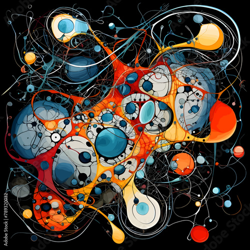 abstract background with circles and lines in blue, orange and black colors