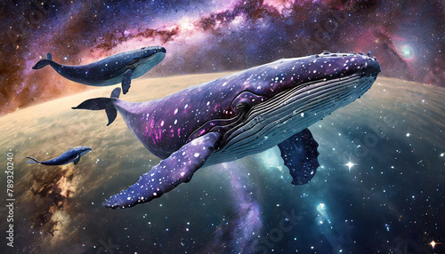 虹色の宇宙を海遊する大きなクジラ