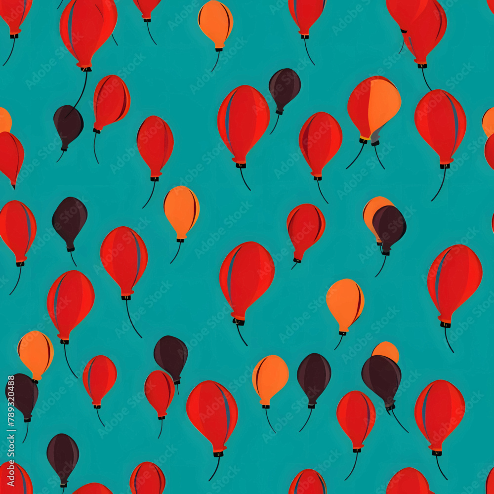 Seamless pattern with red and black balloons on a blue background