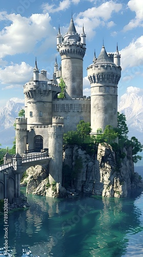 Majestic Castle Surrounded by Moat and Drawbridge in Enchanting Fairy Tale Landscape