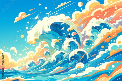 Colorful waves, cartoon clouds and sky, colorful swirls