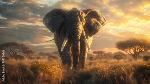 Majestic Elephant Traversing the African Savanna as the Sun Sets