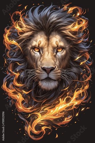 Create an artistic digital artwork of the majestic lion with glowing eyes  surrounded by swirling fire and vibrant colors on black background.