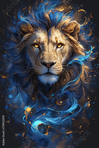 artistic digital artwork of the majestic lion with glowing eyes  surrounded by swirling fire and vibrant colors on black background. 