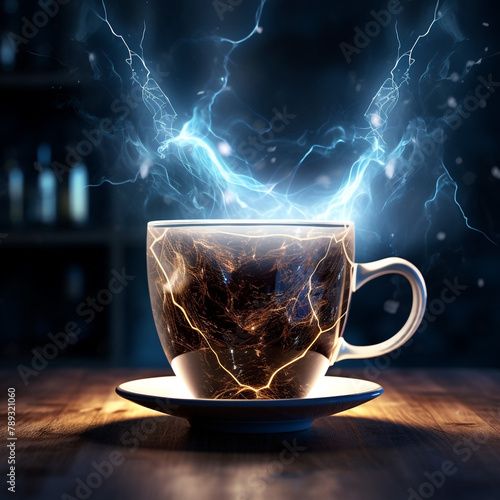 A lightning-charged coffee cup showing energy boost and wakefulness сreated with Generative Ai