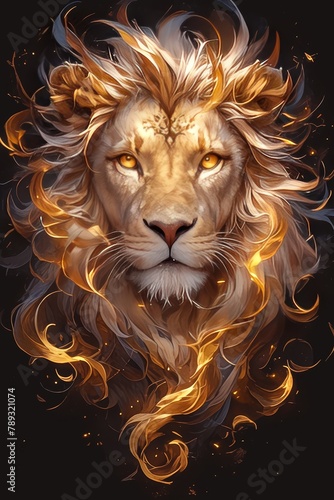artistic digital artwork of the majestic lion with glowing eyes, surrounded by swirling fire and vibrant colors on black background. 