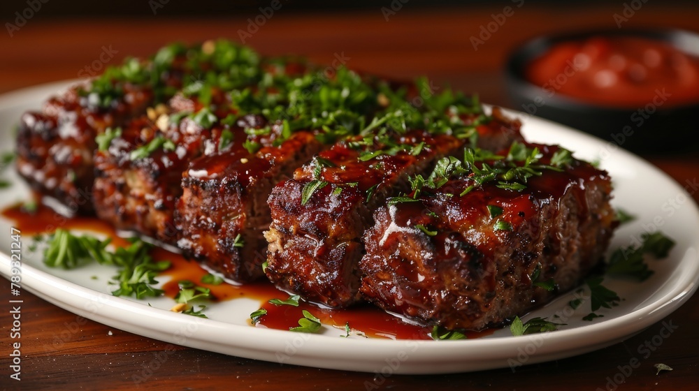 Meatloaf on a white plate dark background Meatloaf on a white plate dark background