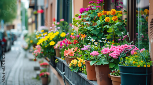 City streets lined with vibrant flower pots. © Bluesky60