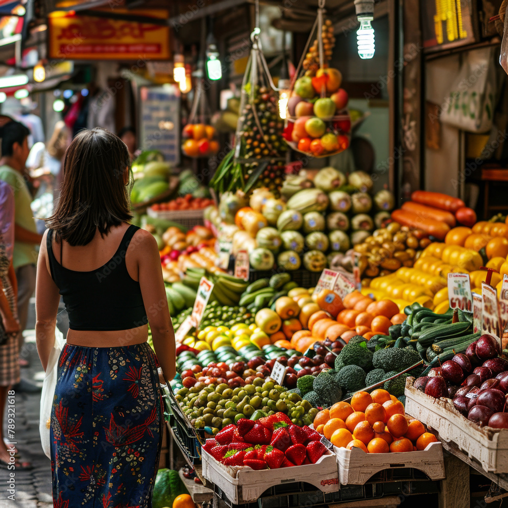 Animated young woman exploring a vibrant fruit market with diverse fresh produce Animated young woman exploring a vibrant fruit market with diverse fresh produce