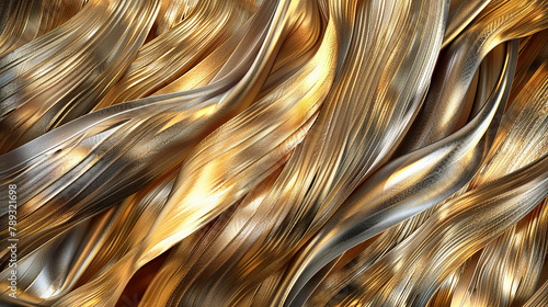 An image displaying the essence of of gold and platinum threads twisted together, creating a shimmering, luxurious weave. through abstract art.