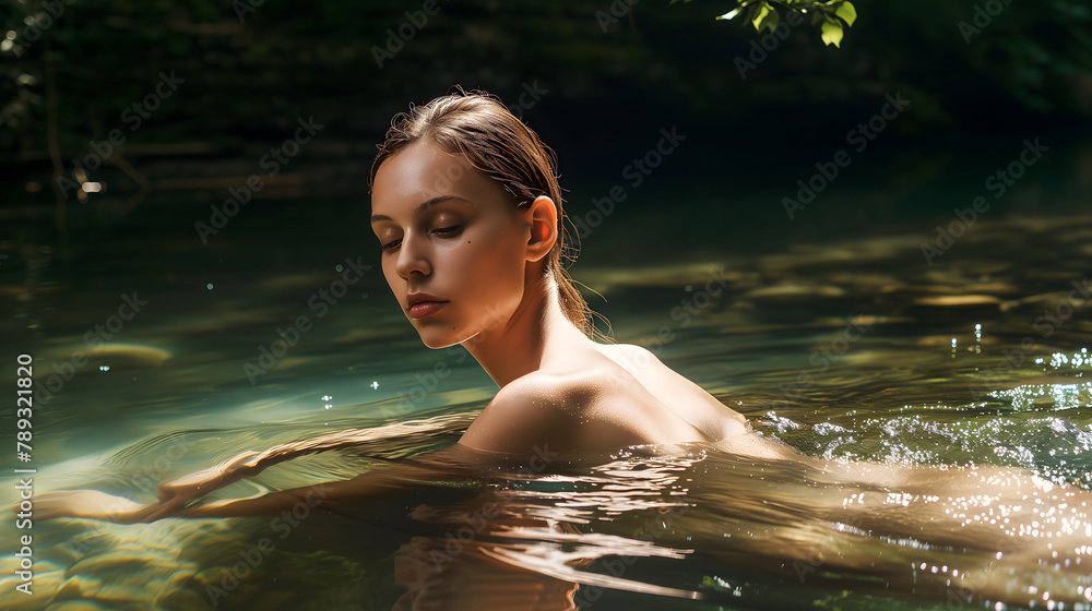 Natural Serenity: Woman Embraced by the Calm Waters of a Forest - generative AI image