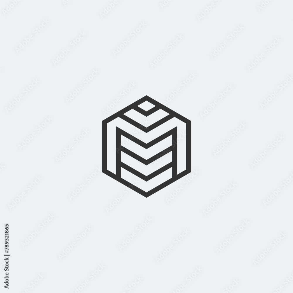 M letter logo in hexagon shape with stacked lines. M letter logo in hexagon shape with stacked lines.