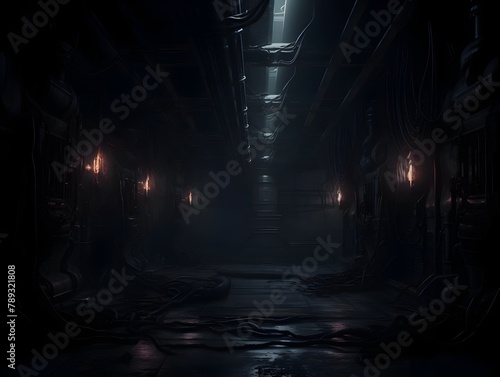 Ominous Futuristic Underground Passage with Glowing Lights and Technology © yelosole