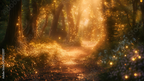 A sunlit forest path with yellow flowers and sparkles