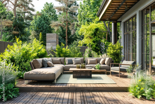 modern garden house with wooden terrace and sofa on the deck. outdoor living area surrounded by greenery in sunny day. modern minimalist country villa or apartment exterior design with large windows