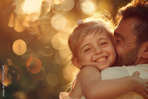 Happy dad embraces his daughter. Little girl smiling on the camera. Blurred background and warm light. Father's day 