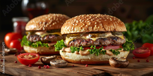 two beef burgers with cheese and lettuce   mushrooms  tomatoes  pickles on wooden background   two hamburger