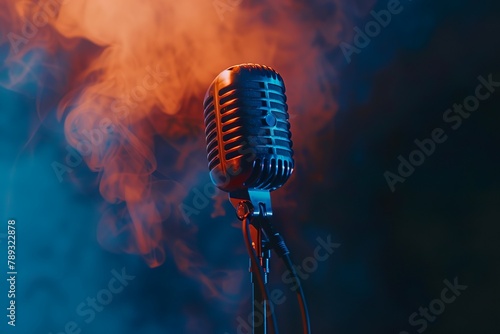 Vintage microphone enveloped in mysterious blue smoke on a dark stage  creating an atmosphere of dramatic musical storytelling