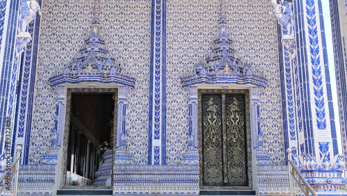 February 20 2024, Chathaburi,Thailand : Beautiful architecture of blue temple built from ceramic at Pak Nam Khaem Nu temple Chathaburi,Thailand.