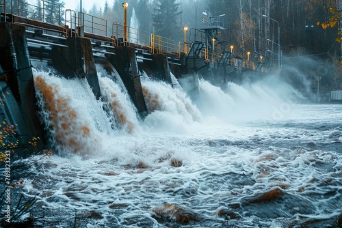 A hydroelectric dam discharges torrents of water amidst a verdant forest  demonstrating renewable energy in action.