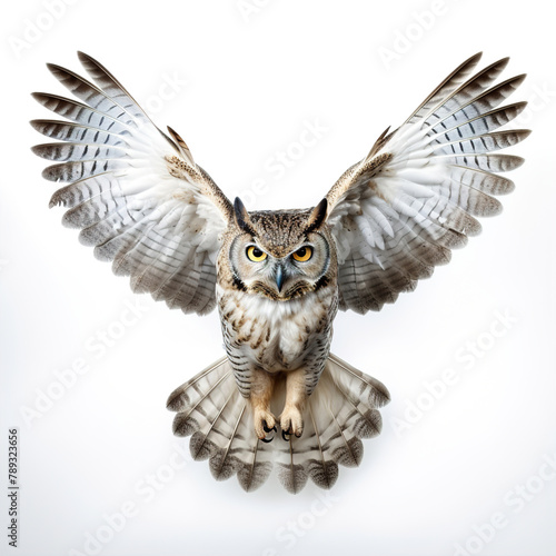 Owl with outstretched wings isolated on white background.