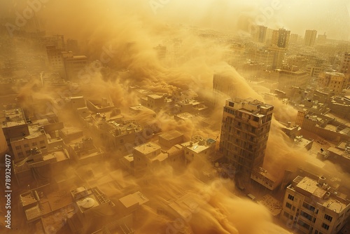 A towering sandstorm sweeps through a city, engulfing buildings in a dramatic display of nature's power and urban vulnerability.