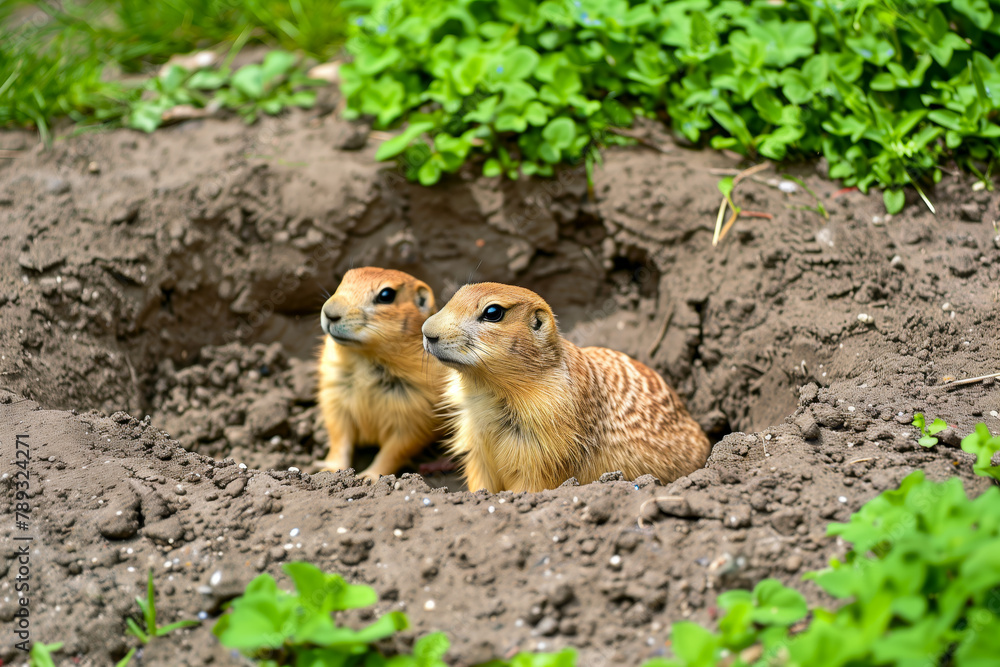 Prairie dog family watching around their hole Prairie dog family watching around their hole