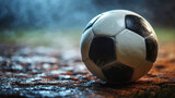 Trusty vintage soccer ball lying in the mud of a soccer field