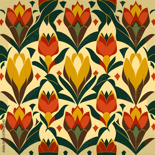 Seamless pattern with tulips. Vector illustration in retro style.